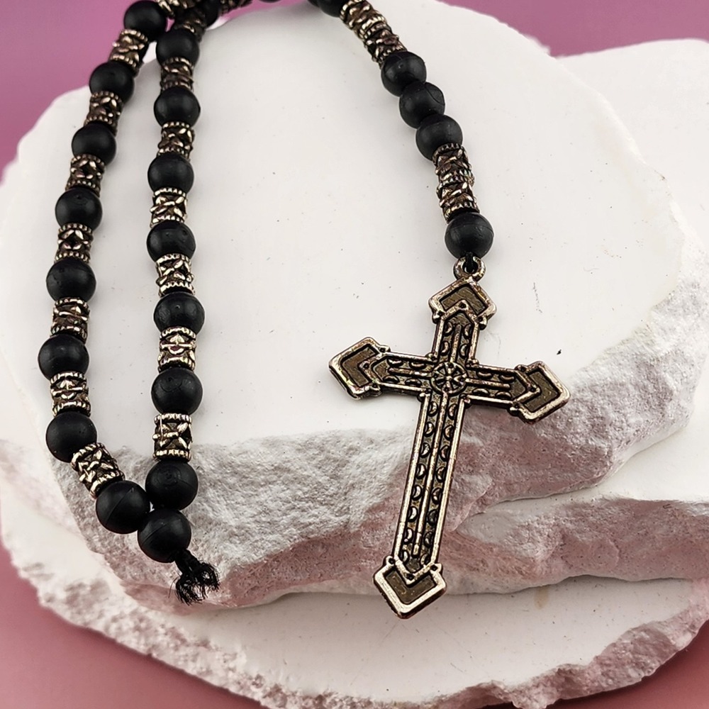 Black Beaded Cross Necklace Antique Gold Tone Rosary Style Gothic Christian